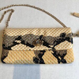 Faux Patent Snake Skin Evening Purse With Gold Chain With Wristlet Strap